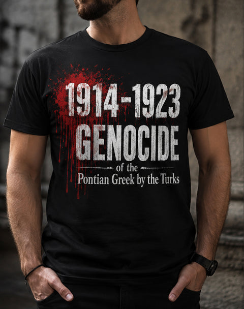 Mockup μαύρου t-shirt αφιερωμένου στη Γενοκτονία των Ποντίων 1914-1923 με distressed design και κόκκινο εφέ αίματος