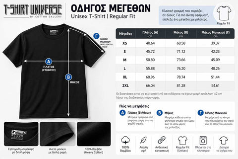 Οδηγός μεγεθών T-Shirt Universe unisex XS έως 2XL